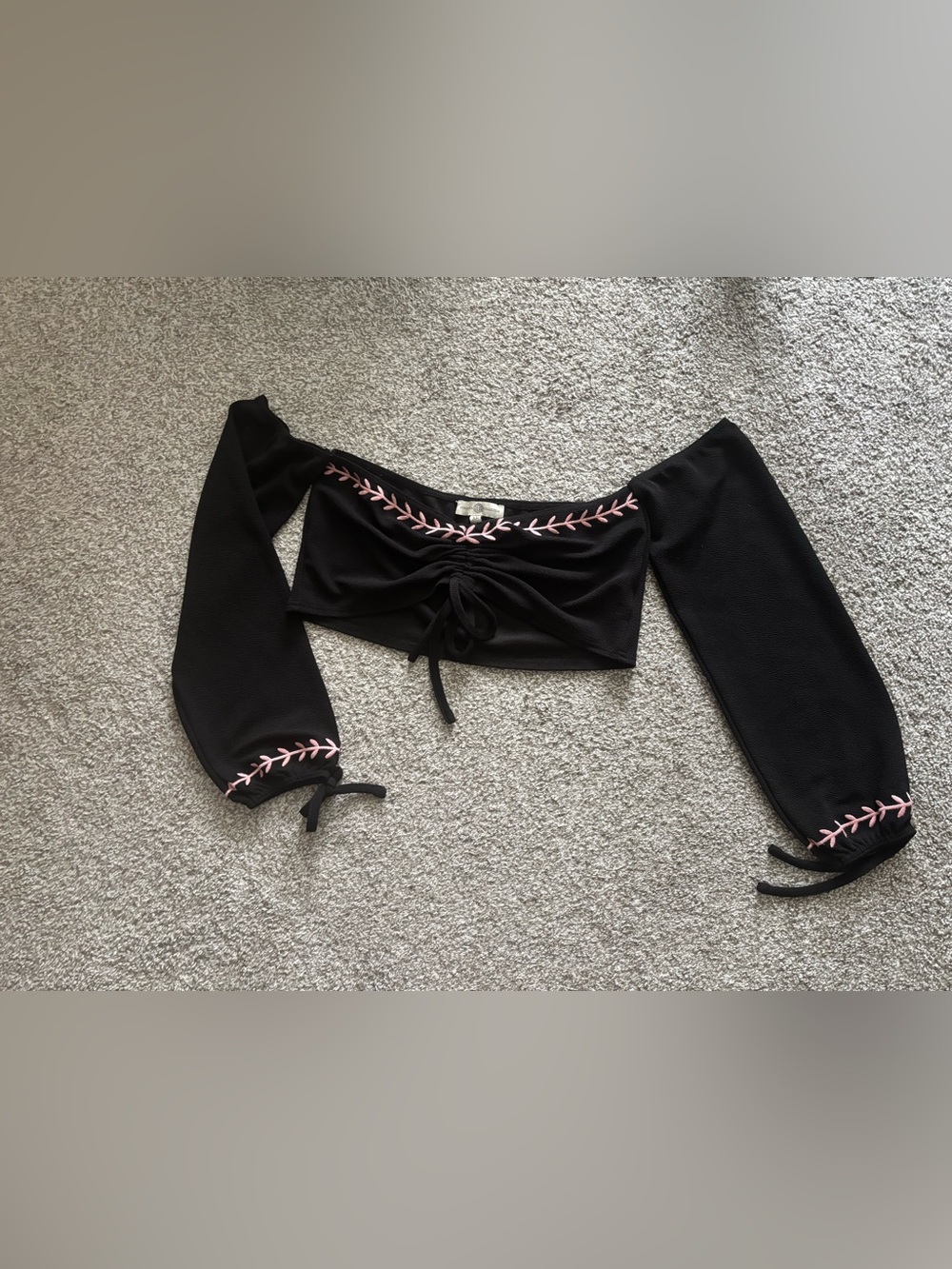 Black Off-Shoulder Cropped Top with Pink Embroidery